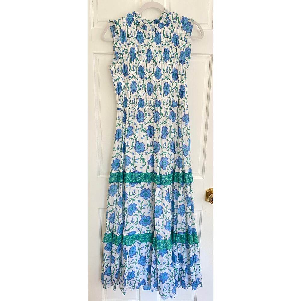 OLIPHANT Tuckernuck Poppy Blue Block Print Sleeveless Smocked Maxi Dress NEW S - Picture 7 of 12